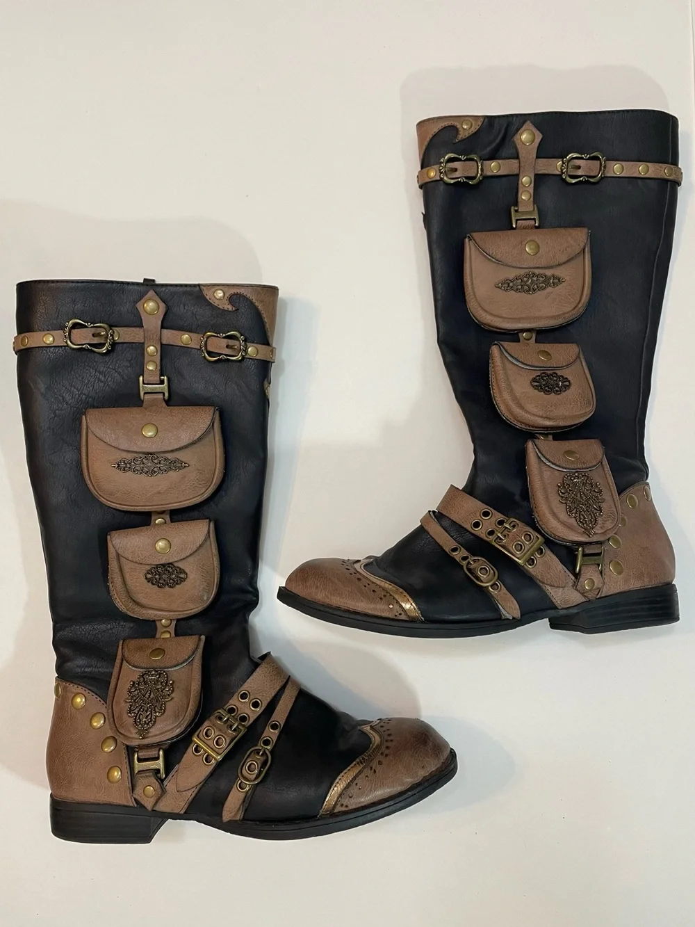 Ellie Black Tan Boots w Pouches & Buckles - Victorian Western Steampunk Cosplay - Picture 2 of 16